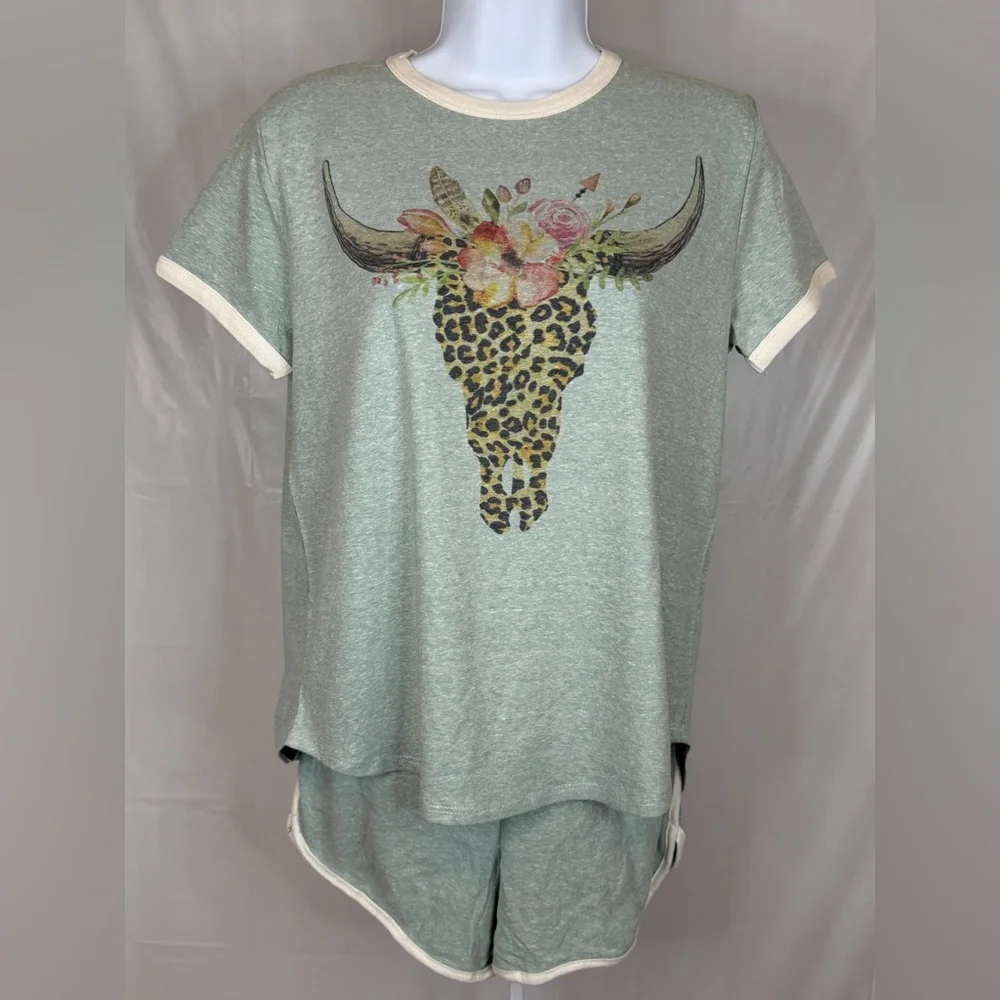 Phil Love Cow Skull Leopard Western Lounge Set Sage Green Small